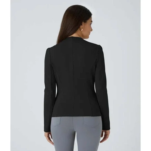 Halara SculptKnit Round Neck Decorative Button Slim Work Blazer Black Medium - Picture 2 of 12